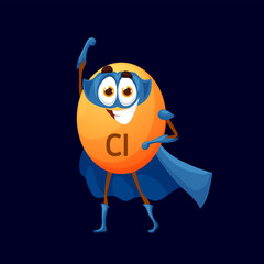 Cartoon chlorium superhero micronutrient character. Isolated vector funny Cl personage. Comic nutrient defender, fairytale food supplement capsule, mineral, micronutrient bubble in blue mask and cloak
