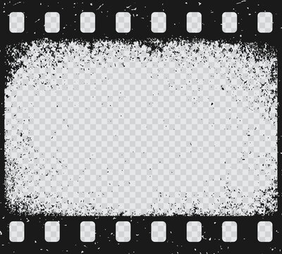 Old grunge movie film strip, vintage filmstrip vector texture. Celluloid reel frame, photo negative picture or cinema slide with scratched borders, retro photography isolated on transparent background