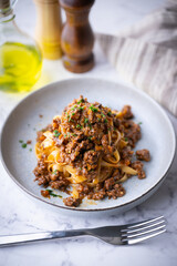 fettuccine ragu, traitional italian tomato sauce with beef