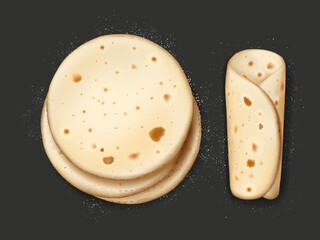 Realistic pita bread with flour, vector 3d tortilla round and rolled lying on black table surface with scatter crumbles around. Arabic pancakes, lavash, pitta for burrito or shawarma crispy snack