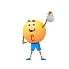 Cartoon vitamin C character with dumbbell. Isolated vector ascorbic acid personage fitness or bodybuilding workout with bob. Food supplement sportsman healthy lifestyle, sports exercises, gym training