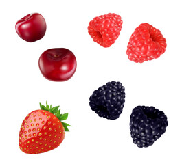 Strawberry, raspberry, cherry and blackberry realistic fruits. Isolated vector 3d juicy wild or garden berries, summer harvest, vitamin nutrition, dieting, source of vitamins and antioxidants