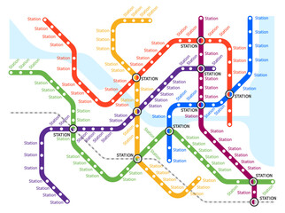 Metro, underground, subway transport system map. Urban city railway stations scheme. Vector plan with colorful lines. Fictional layout of public passenger transport routes. Subway train tracks plan