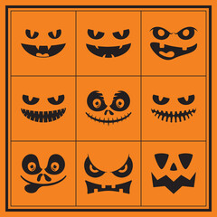 A set of Halloween pumpkins faces silhouettes. Black isolated Halloween pumpkin face patterns on orange. Scary and funny faces of Halloween pumpkin or ghost. Vector illustration