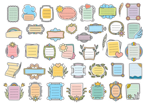 Bullet journal doodle frames, notes and diary calendar elements, vector memo note reminders. Journal bullet page stickers or calendar planner and notebook labels of to do list or agenda memo