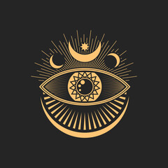 Occult eye and moon, pentagram and sun rays isolated tattoo esoteric symbol, magic tarot sign. Vector sacred occultism talisman, esoteric icon