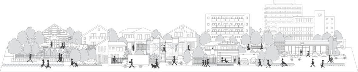 街並みを歩く人々のベクターイラスト. 線画のイラスト.