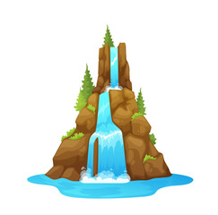 Isolated waterfall with trees on stones, cartoon river water cascade. Blue aqua waterfall nature environment background, mountain river water cascade falling from rocky cliff vector game asset © Vector Tradition