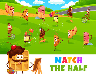 Obraz na płótnie Canvas Match the half of cartoon desserts, sweets, cookie and cake characters. Child educational puzzle game, connect piece kids riddle vector worksheet with croissant, cupcake and donut, waffle personages