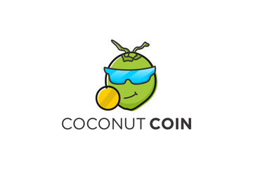 Coconut coin with sun glasses logo design bitcoin currency trade crypto investment