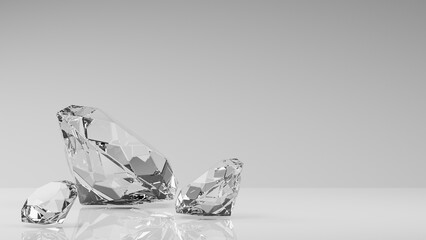 shiny diamond placed on white glossy background, 3d rendering