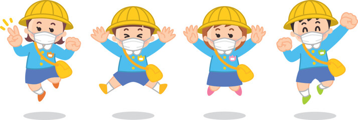 マスクを付けた保育園児がジャンプしている