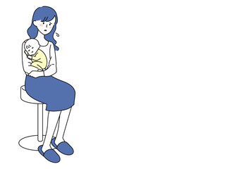 赤ちゃんを抱いて椅子に座る若い女性