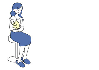赤ちゃんを抱いて椅子に座る若い女性