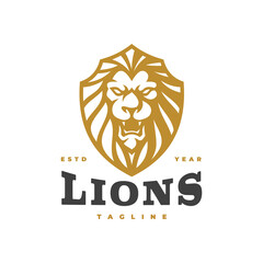 Lion head and shield emblem logo design. Lion crest vector illustration