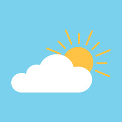 Animated Cloud with Sun Depicting Weather in Flat Icon Clipart Illustration on Blue Sky