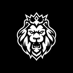 Lion king line art or silhouette logo design. Lion head with crown vector illustration on dark background