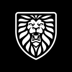Lion shield line art or silhouette emblem logo design. Lion head and shield vector illustration on dark background