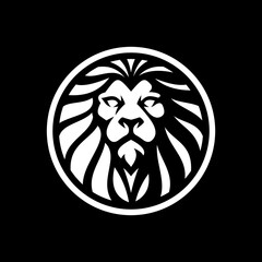 Lion head line art or silhouette in a circle logo design. Lion emblem vector illustration on dark background	