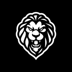 Angry roaring lion head line art or silhouette logo design. Lion face vector illustration on dark background