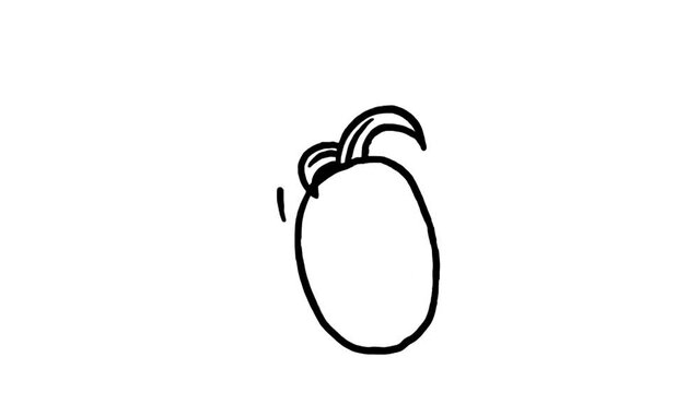 Process of drawing handdrawn logo with pineapple. Pineapple print with face, open mouth and green foliage hair. Cheerful cartoon line art character. Timelapse. How to draw a pineapple. Drawing lesson