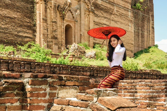 Myanmar woman at Mingun Pahtodawgyi pagoda Manndalay Myanmar