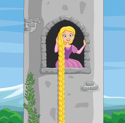 Cartoon beautiful rapunzel at castle window