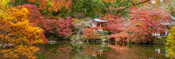 Panorama of idyllic landscape of beautiful japanese garden with colorful maple trees in Daigoji temple in autumn season, Kyoto, Japan