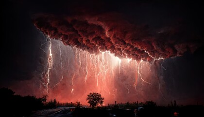 stormy sky with dark clouds, lightning flashes over the night sky. Concept on the theme of Severe Weather, natural disasters, natural basis for designer. 3D rendering. Raster illustration. - obrazy, fototapety, plakaty