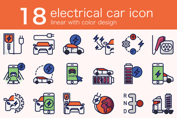 set of electrical ev car in minimal linear with color design