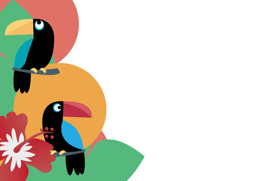 Jungle scene with palm leaves and parrots.