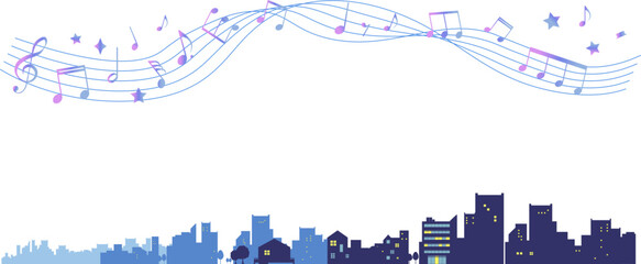 Obraz premium 夜をイメージした五線譜と夜の街並みのフレームイラスト 楽譜の背景イラスト ベクター背景素材 五線譜
