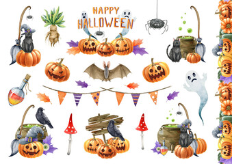 Halloween clipart set watercolor illustration with pumpkin black cat bat ghost broom border element, halloween elements for party decor, invitation design, spooky collection, isolated white background