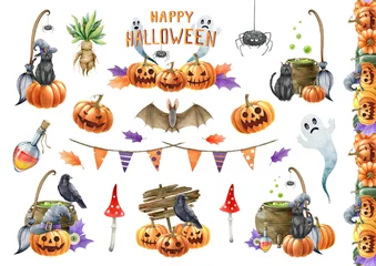 Tuinposter Halloween decor illustration set. Hand drawn halloween watercolor collection. Scary Jack head pumpkin, black cat, bat, ghost, broom , border decor elements on white background © anitapol