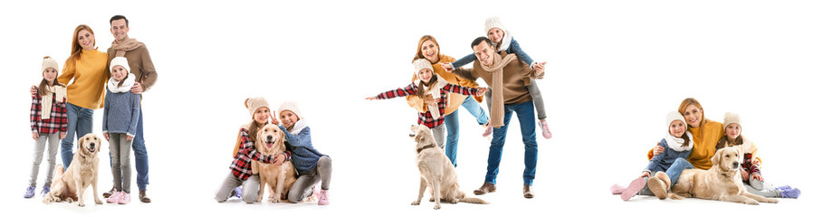 Set of happy family in autumn clothes and cute dog on white background