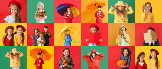 Collage with cute children in autumn clothes on colorful background