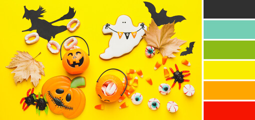 Halloween composition with tasty treats on yellow background. Different color patterns