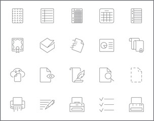 Simple Set of paper Related Vector Line Icons. Contains such Icons as report, document, file, attachment, shredder, stationery, notes, paperclip and more.