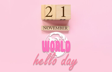 Greeting card for World Hello Day on pink background