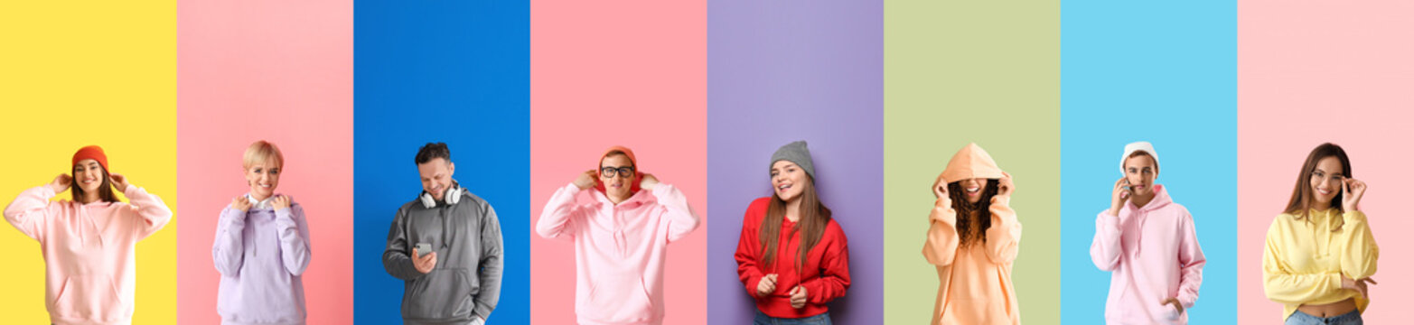 Set Of People In Stylish Hoodies On Colorful Background