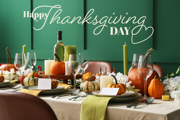Greeting card for Thanksgiving Day with beautifully served table at home