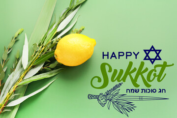 Obraz premium Greeting card with Sukkot festival symbols on green background