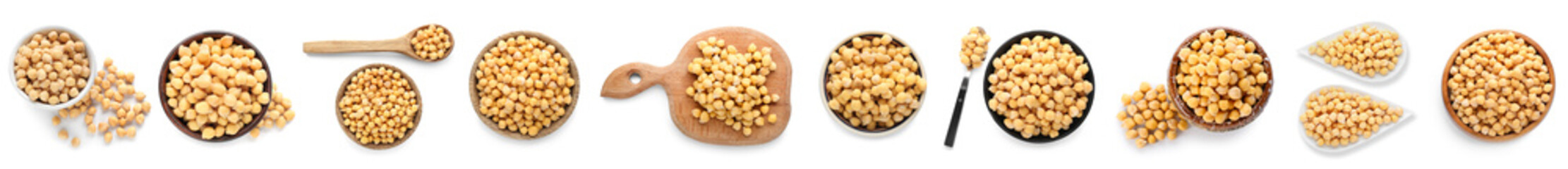 Set of bowls with chickpea isolated on white, top view