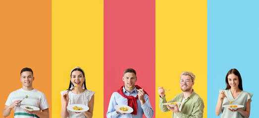 Set of people eating tasty ravioli on colorful background