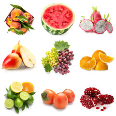 Set of many different fruits isolated on white