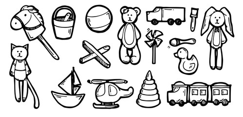 Obraz premium Toys for children of different ages. Set of toys objects. Outline hand drawn sketch. Drawing with ink. Isolated on white background. Vector.