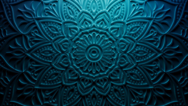 Blue Surface with Extruded Ornate Flower. Three-dimensional Diwali Celebration Background.