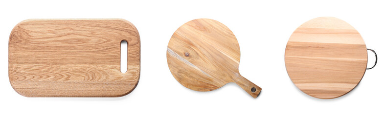 Set of wooden boards on white background, top view