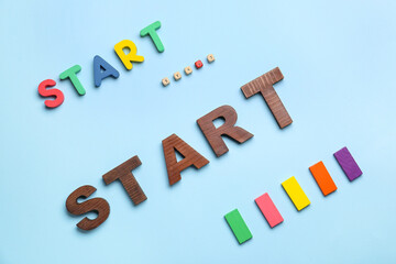 Words START on blue background