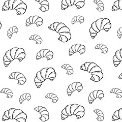 Seamless pattern with fresh baked croissant dessert in doodle engraved sketch style. Traditional morning breakfast product. Hand drawn illustration. For menu, bar, coffee shop, cafe, bakery,restaurant